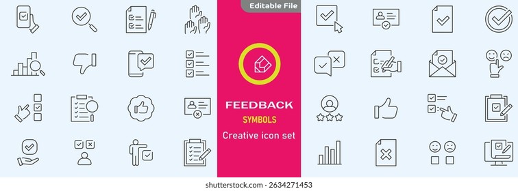 Feedback set of web icons in line style. Feedback and Review icons for web and mobile app. Customer relationship management. Star rating, satisfaction, emotion, testimonials, quick response, chat