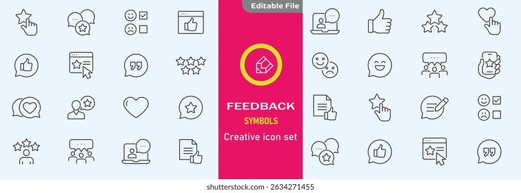 Comentarios conjunto de iconos web en estilo de línea. Iconos de Comentarios y revisión para Web y App móvil. Gestión de relaciones con Clientes. Clasificación por estrellas, satisfacción, emoción, testimonios, respuesta rápida, chat