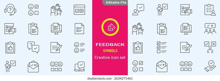 Conjunto de comentários de ícones da Web no estilo de linha. Ícones de Comentários e Revisão para aplicativos móveis e da Web. Gerenciamento de relacionamento com o cliente. Avaliação de estrelas, satisfação, emoção, depoimentos, resposta rápida, chat