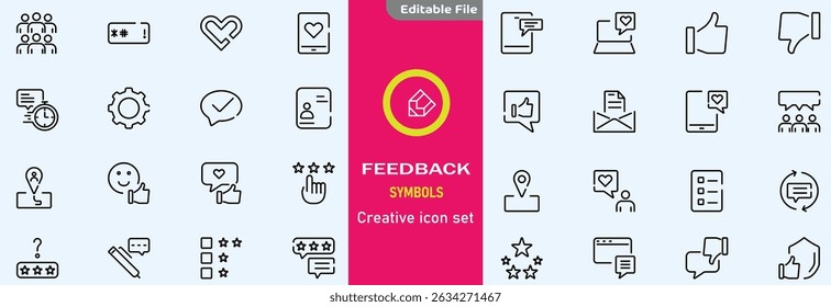 Feedback set of web icons in line style. Feedback and Review icons for web and mobile app. Customer relationship management. Star rating, satisfaction, emotion, testimonials, quick response, chat