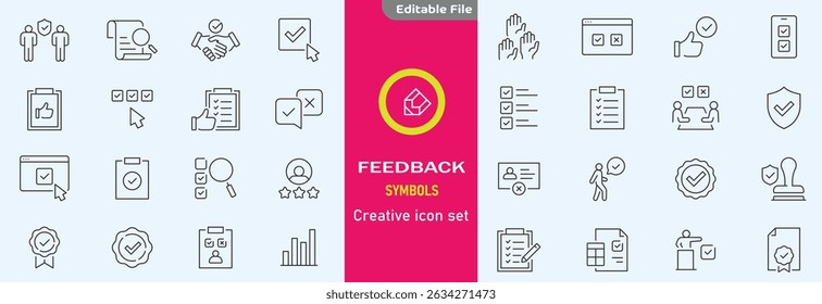Feedback-Set von Web-Icons im Linienstil. Feedback und Prüfsymbole für Web- und mobile Apps. Kundenbeziehungsmanagement. Starbewertung, Zufriedenheit, Emotion, Erfahrungsberichte, schnelle Reaktion, Chat