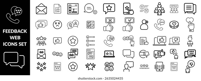 Feedback set of web icons in line style. Feedback and Review icons for web and mobile app. Customer relationship management. Star rating, satisfaction, emotion, testimonials, quick response, design 