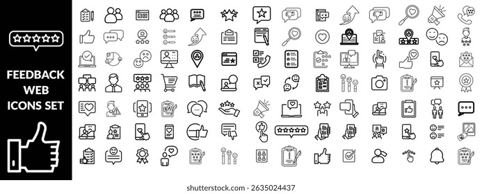 Feedback set of web icons in line style. Feedback and Review icons for web and mobile app. Customer relationship management. Star rating, satisfaction, emotion, testimonials, quick response, design 