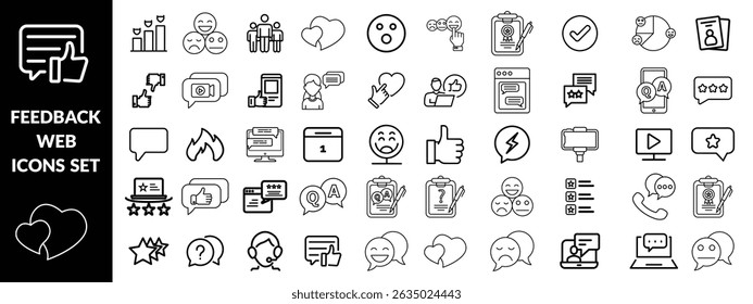 Feedback set of web icons in line style. Feedback and Review icons for web and mobile app. Customer relationship management. Star rating, satisfaction, emotion, testimonials, quick response, design 