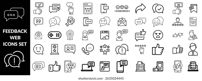 Feedback set of web icons in line style. Feedback and Review icons for web and mobile app. Customer relationship management. Star rating, satisfaction, emotion, testimonials, quick response, design 