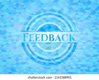 Feedback sky blue emblem with triangle mosaic background