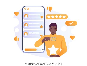 Feedback at smartphone. Man with loupe evaluate rankings and ratings. Quality evaluation. Customers reviews and feedback. Marketing on internet. Flat vector illustration
