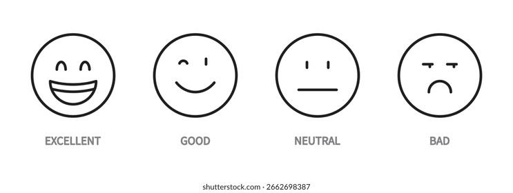 Comentarios sonrisa icono conjunto. Excelente, buena, neutral, mala emoción. Signo de emoji. Símbolos para revisión y calificación. Ilustración vectorial. Trazo editable. Diseño plano.