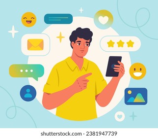 Feedback in social media concept. Man with smartphone near reactions. Reviews, ratings and rankings. Graphic element for website. Cartoon flat vector illustration isolated on white background