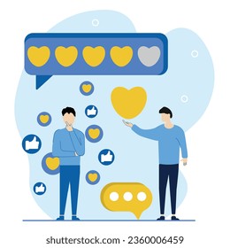Feedback in social networks illustration. The character analyzes the number of likes and positive reviews in his social networks. Social media feedback concept. Vector illustration.
