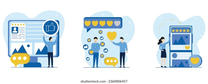 Feedback in social networks illustration set.Characters give 5-star feedback, like, comment and analyze reviews on their social networks. Social media feedback concept. Vector illustration.