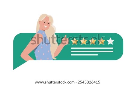 Feedback speech bubble. Customers reviews. Ranking and rating. Internet user comment. Woman with opinion. Graphic element for website. Flat vector illustration isolated on white background