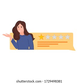 Feedback speech bubble girl with one star rating vector illustration cartoon flat design