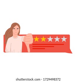 Feedback speech bubble girl with two stars rating vector illustration cartoon flat design