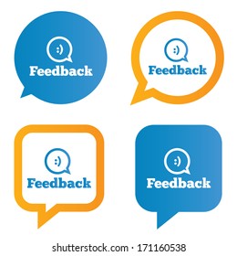 Feedback speech bubbles with smile. Feedback tags. Feedback stickers. Vector illustration.