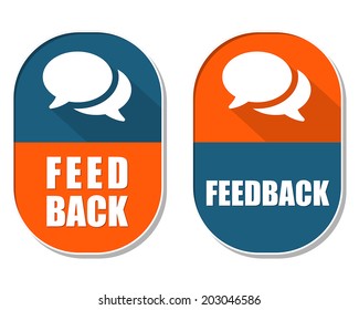 feedback and speech bubbles symbols, two elliptic flat design labels with icons, business and communication concept, vector