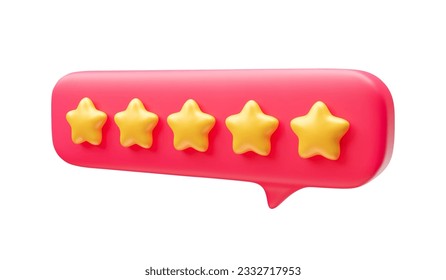 Feedback speech chat bubble 3d realistic style rendering. Red conversation balloon five golden stars. Social network rating, best service satisfaction, positive user experience vector illustration