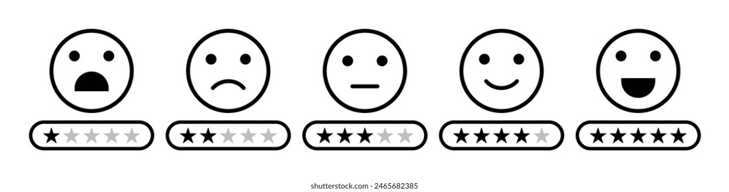 Conjunto de iconos de emoticonos de clasificación de estrellas de Comentarios. Emojis de clasificación establecidos en contorno de color negro. Cinco expresiones faciales de Vector de Comentarios.