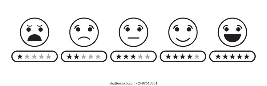 Feedback star rating emoji icon set. Five-star rating emoji icon set. Emoji feedback scale with stars line icon. Rating emojis set in black color outline., 