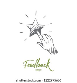 Feedback, star, service, quality, mark concept. Hand drawn finger push on star concept sketch. Isolated vector illustration.