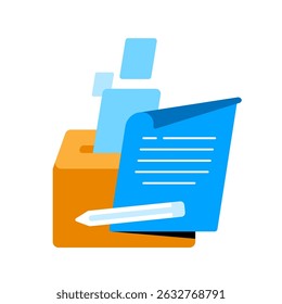 Feedback suggestion box illustration. Flat design of comment box with note paper and pen. giving opinion, review, suggestion. for UI, customer service, survey form, testimonial section, and feedback