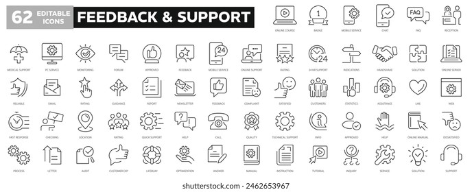 Feedback and support icons for web and mobile app. Feedback, Rating, Like, Dislike, Online Help, Helpdesk, Quick Response, and more. Simple web icons set