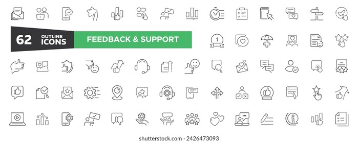 Feedback and support line icons collection. Customer Service and Support - Outline Icon Collection. Thin Line Set contains such Icons as Online Help, Helpdesk, Quick Response, Feedback and more.