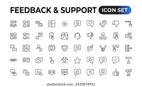 Feedback and Support - Outline Icon Collection. Thin Line Set contains such Icons as Online Help, Helpdesk, Quick Response, Feedback and more. Simple web icons set.
