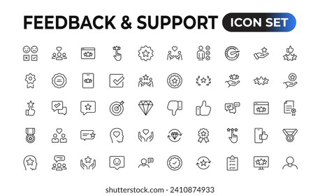 Comentarios y soporte técnico - Colección de iconos de esquema. El juego de líneas delgadas contiene iconos como Ayuda en línea, Asistencia telefónica, Respuesta rápida, Comentarios y más. Sencillo conjunto de iconos web.
