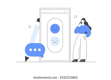 Comentários e pesquisa. Personagem dando feedback positivo, escolhendo emojis para mostrar classificação de satisfação e formulário de pesquisa de arquivamento. Ilustração plana do vetor do desenho animado. Linha minimalista, abstrata