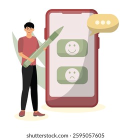 Feedback and survey concept. Choosing emoji to show satisfaction rating. Men giving feedback and choosing emoji to show satisfaction rating. Flat vector modern illustration 