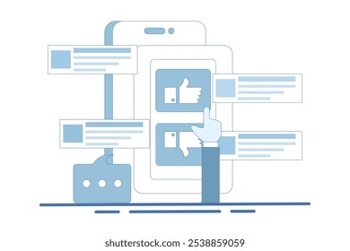 Feedback and survey concept. Giving positive feedback, choosing emoji to show satisfaction rating, and filling out survey form. User Experience Concept, Flat Vector Illustration on background.