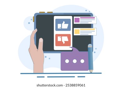 Feedback and survey concept. Giving positive feedback, choosing emoji to show satisfaction rating, and filling out survey form. User Experience Concept, Flat Vector Illustration on background.