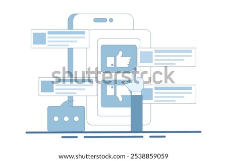 Feedback and survey concept. Giving positive feedback, choosing emoji to show satisfaction rating, and filling out survey form. User Experience Concept, Flat Vector Illustration on background.