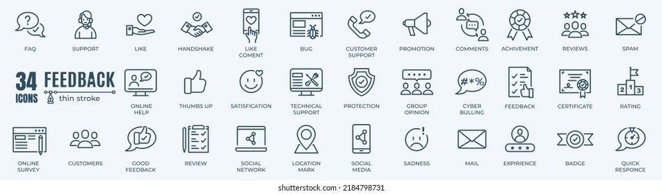 Feedback and survey elements editable stroke pictogram and minimal thin line web icon set. Outline icons collection. Simple vector illustration