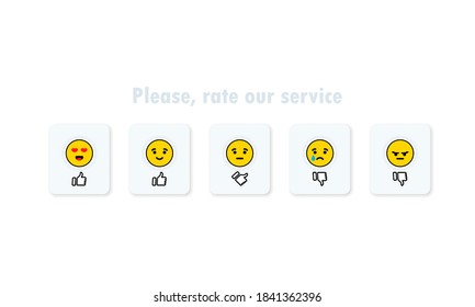 Feedback survey icon set. Five emoticon with hand thumb.Reviews or rating scale with emoji representing different emotions. Level of satisfaction rating. Vector EPS 10. Isolated on white background