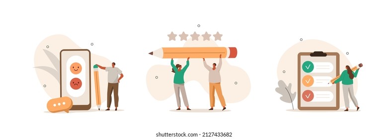 Feedback and survey illustration set. People characters giving positive five star feedback, choosing emoji to show satisfaction rating and filing survey form. Vector illustration.