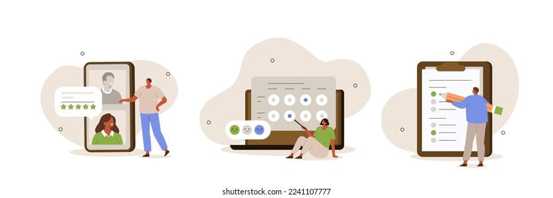 Comentarios y conjunto de encuestas. Los personajes de la gente dan una retroalimentación positiva de cinco estrellas, muestran la calificación de calidad y archivan un formulario de encuesta. Concepto de satisfacción del cliente. Ilustración vectorial.