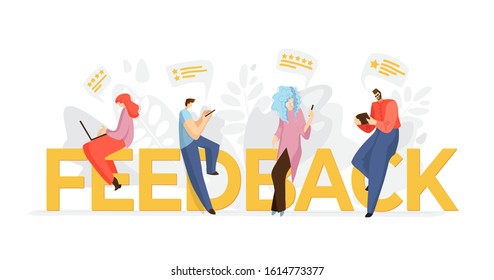 Feedback, survey vector flat concept with people, man and woman sitting on big rating stars, writing reviews and making comments about service or product. Rate Evaluation and testimonial, customer