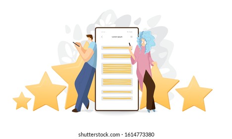 Feedback, survey vector flat concept with people, man and woman sitting on big rating stars, writing reviews and making comments about service or product. Rate Evaluation and testimonial, customer