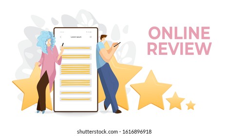 Feedback, survey vector flat concept with people, man and woman sitting on big rating stars, writing reviews and making comments about service or product. Rate Evaluation and testimonial, customer