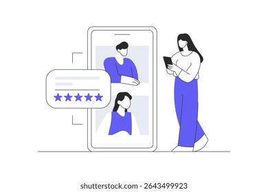 Feedback and survey. Woman character give positive five star feedback, show quality rating and filing survey form. Customer satisfaction concept. Flat Cartoon Vector Illustration, icon. Stylish web