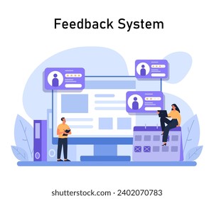 Feedback System Konzept. Professionelle Analytiker analysieren Benutzerbewertungen und Rezensionen auf einer digitalen Plattform und verbessern damit die Kundenerfahrung. Strategie zur kontinuierlichen Verbesserung. Flache Vektorgrafik.