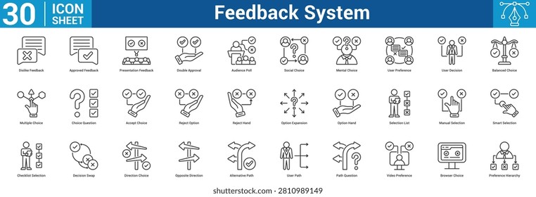 Feedback System editable icon set vector illustration concept for business with icon of Dislike Feedback, Approved Feedback, Presentation Feedback, Double Approval, Audience Poll, Social Choice, Menta.