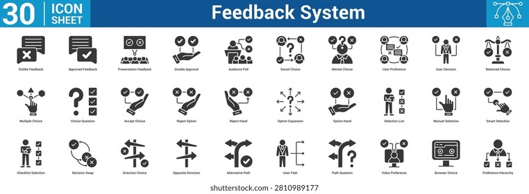 Feedback System editable icon set vector illustration concept for business with icon of Dislike Feedback, Approved Feedback, Presentation Feedback, Double Approval, Audience Poll, Social Choice, Menta.