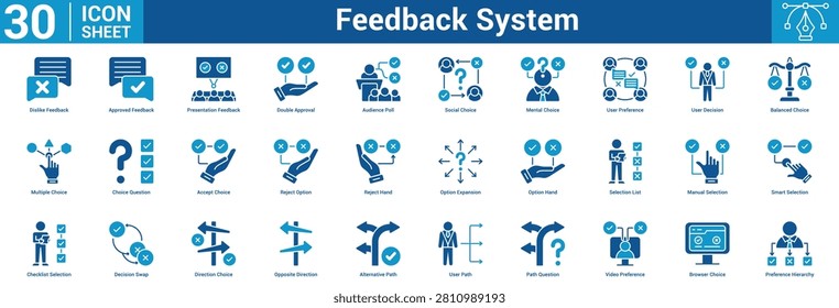 Feedback System editable icon set vector illustration concept for business with icon of Dislike Feedback, Approved Feedback, Presentation Feedback, Double Approval, Audience Poll, Social Choice, Menta.