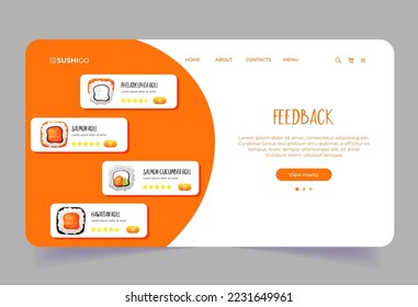 Feedback-Vorlage mit Sashimi Fünf-Sterne-Bewertung. Landing Page Template mit asiatischem Essen. Sushi Store Homepage. Meeresfrüchte-Menü