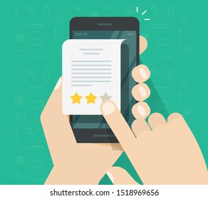 Feedback or testimonial review on cellphone vector, flat cartoon hands with mobile phone and document or message with text and rating stars, evaluation or text quality assess or customer satisfaction