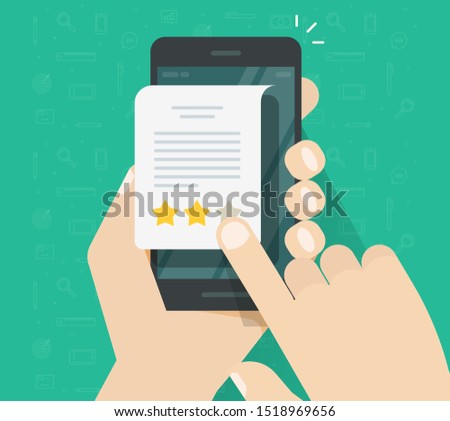 Feedback or testimonial review on cellphone vector, flat cartoon hands with mobile phone and document or message with text and rating stars, evaluation or text quality assess or customer satisfaction