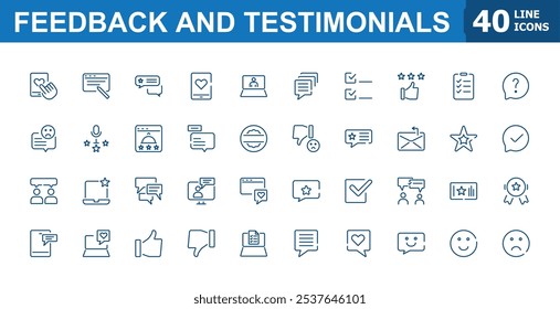 Feedback and Testimonial vector line icon set. Contains such icons as loyalty, quote, satisfaction, appreciation, inquiry, feeling and more. Thin UI icon design. Editable stroke. Vector illustration.